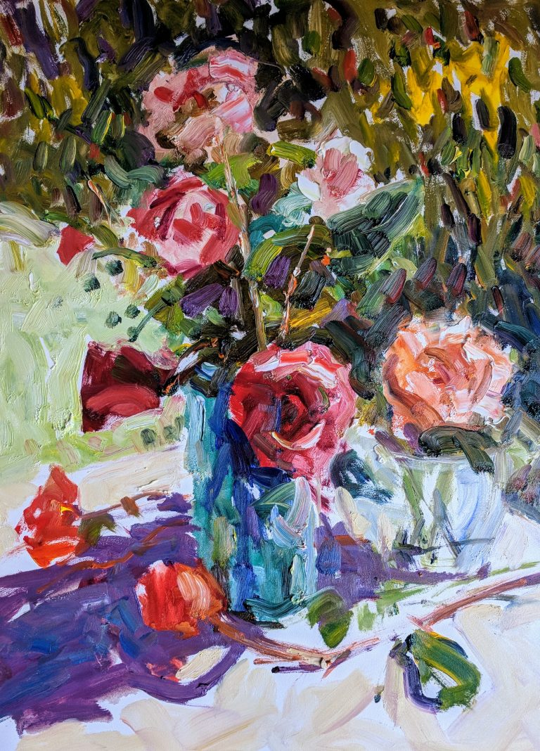 Red Roses, Blue Vase; 24" x 18"; Oil