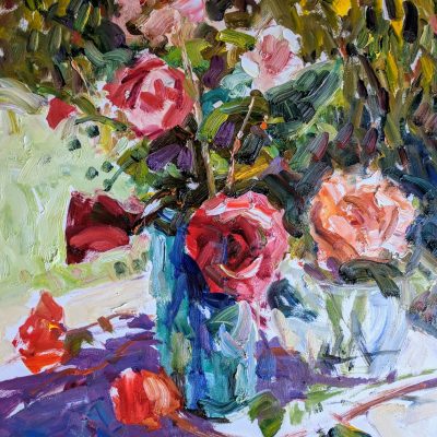 Red Roses, Blue Vase; 24" x 18"; Oil